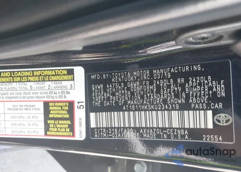 2019 Toyota Camry Le из США, поврежденный, VIN 4T1B11HK5KU234319